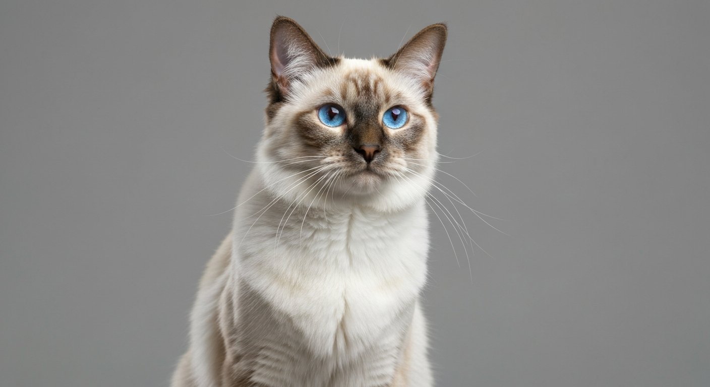 An adult Balinese cat standing proudly with a soft-grey studio background.