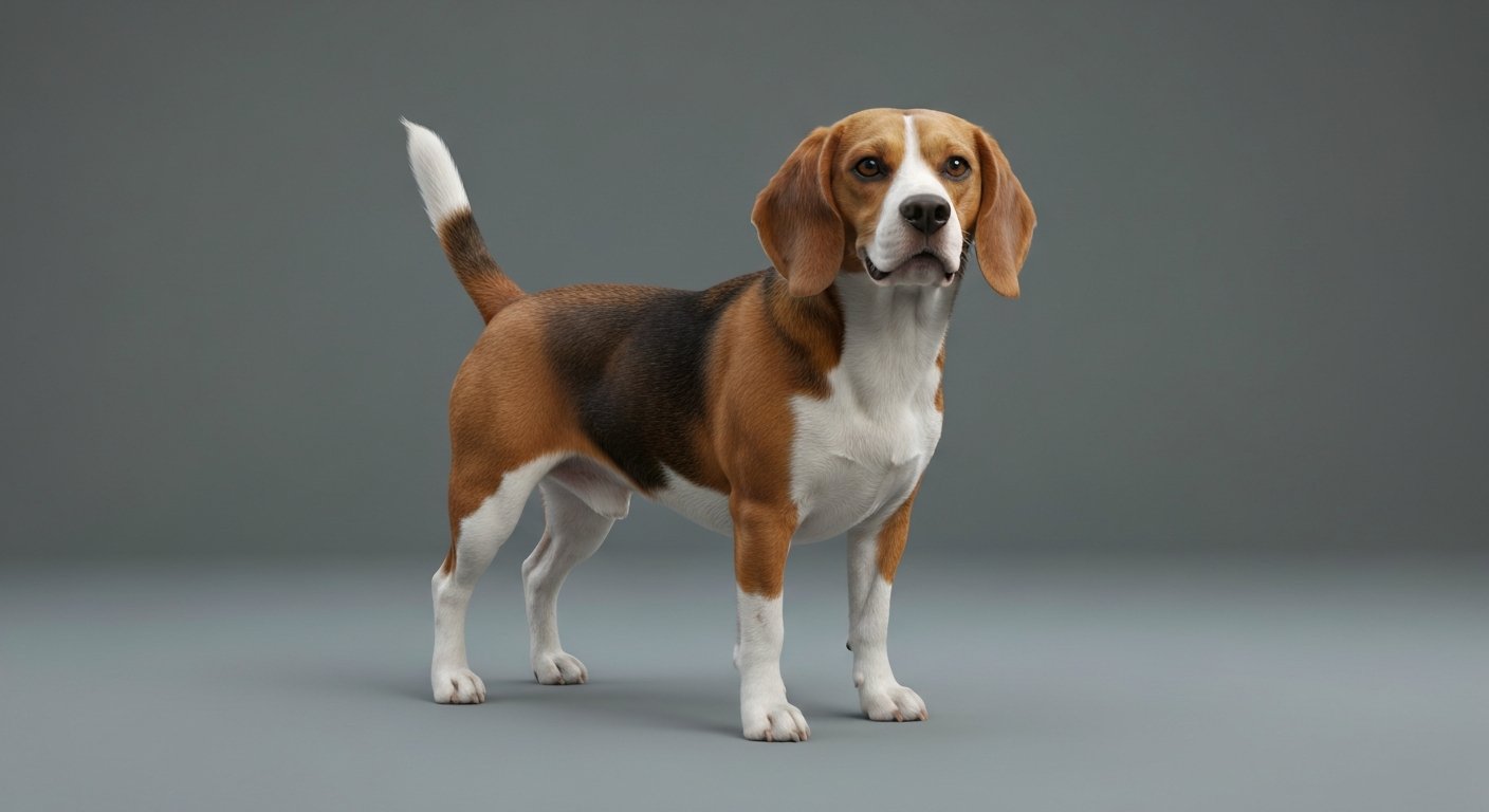 A highly realistic photo of an adult Beagle standing proudly, studio lighting, solid soft-grey background.