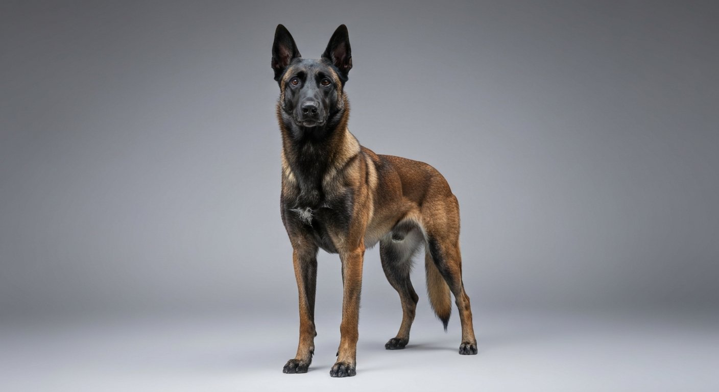 An adult Belgian Malinois dog standing proudly, in a studio with a soft-grey background.