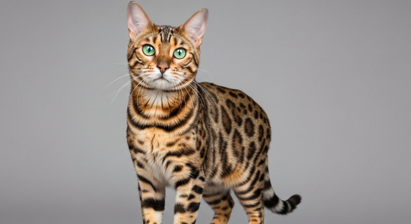 An adult Bengal cat standing proudly in a studio with a soft-grey background.