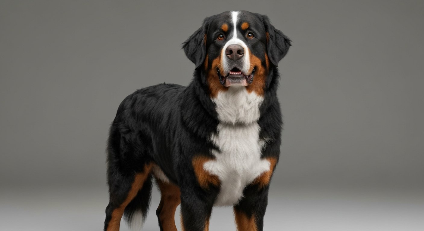 A majestic adult Bernese Mountain Dog standing proudly in a studio against a soft-grey background.