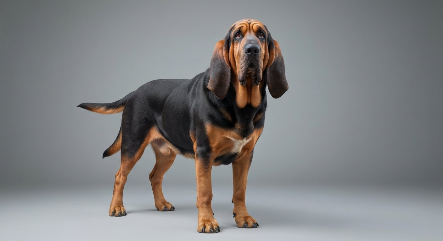 A majestic adult Bloodhound dog standing proudly in a studio.