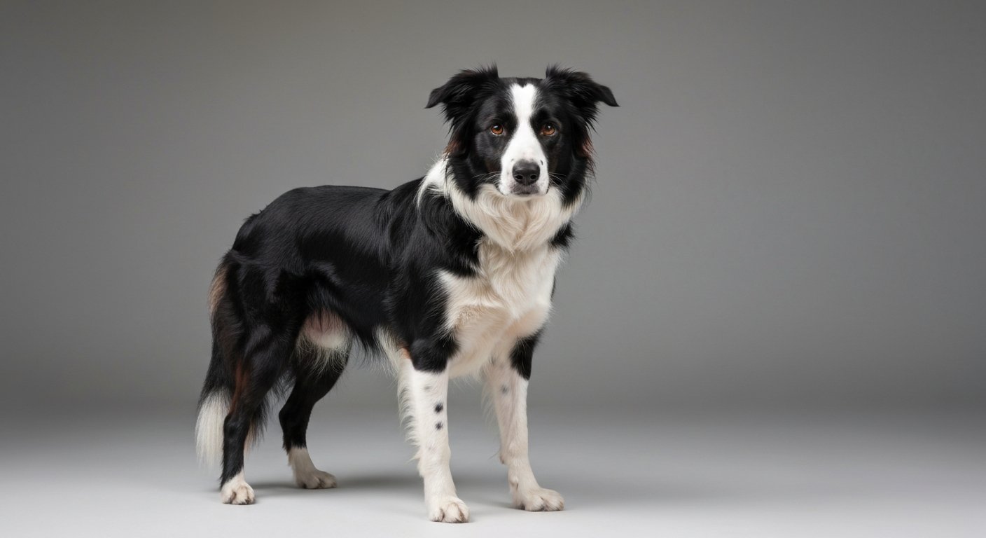 A highly realistic photo of an adult Border Collie standing proudly in a studio with a soft-grey background.
