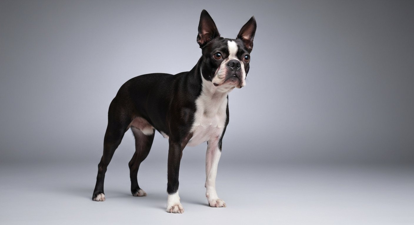 An adult Boston Terrier dog standing proudly in a studio with a soft-grey background.