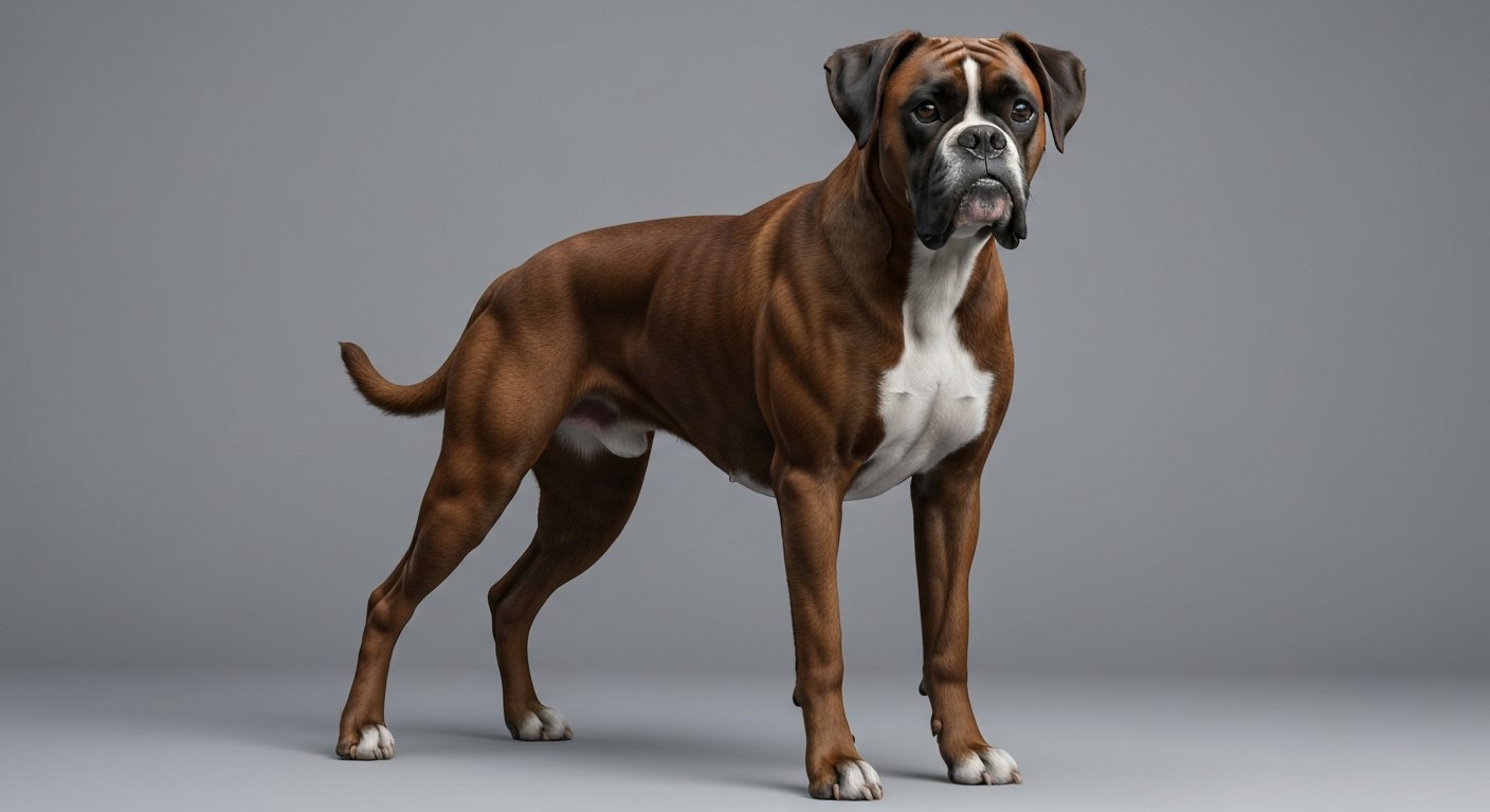 An adult Boxer dog standing proudly, looking alert, against a soft-grey studio background.