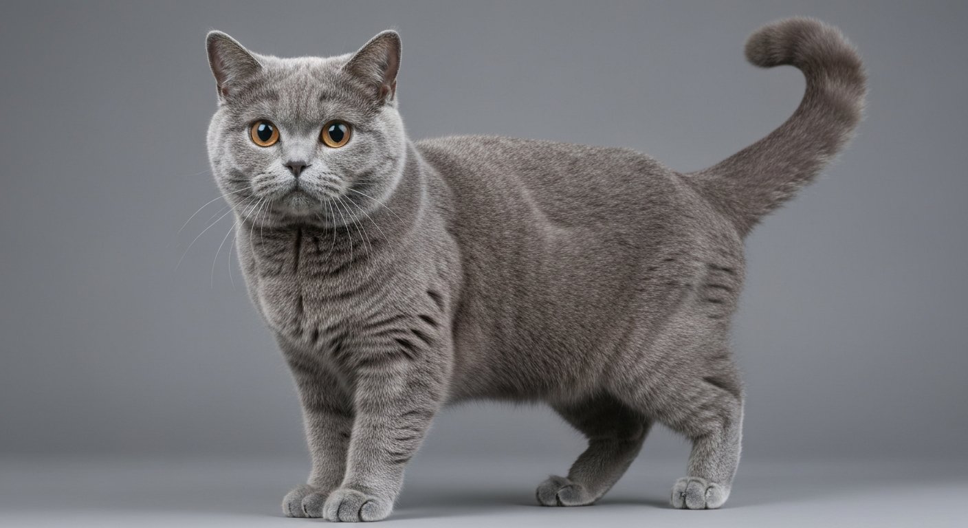 A highly realistic photo of an adult British Shorthair cat standing proudly.