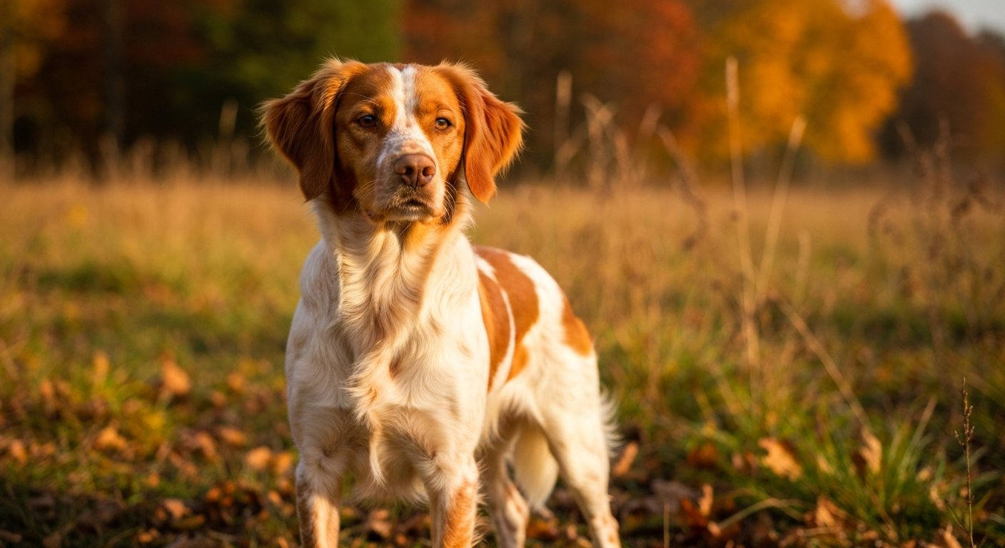 A proud Brittany dog with an orange and white coat stands in a sunny field.