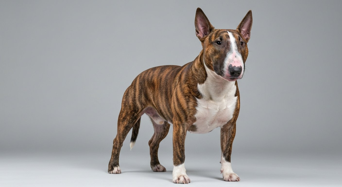 An adult Bull Terrier standing proudly with studio lighting against a soft-grey background.