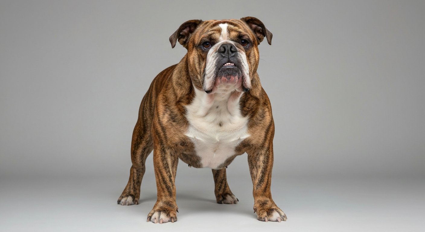 An adult Bulldog dog standing proudly in a studio against a soft-grey background.