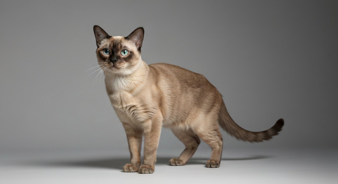 An adult Burmese cat standing proudly against a soft-grey background.