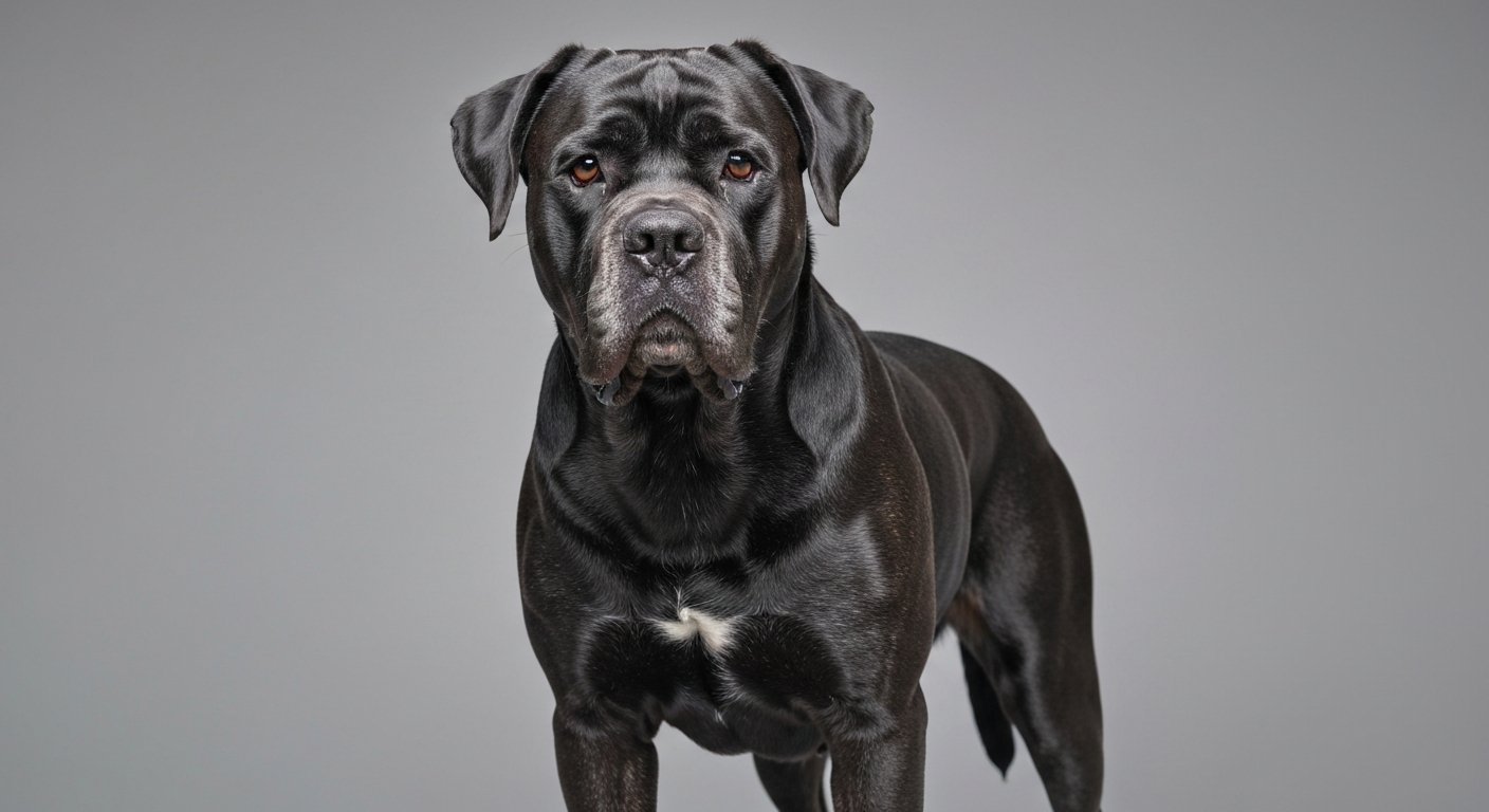 An adult Cane Corso dog standing proudly against a soft-grey studio background.