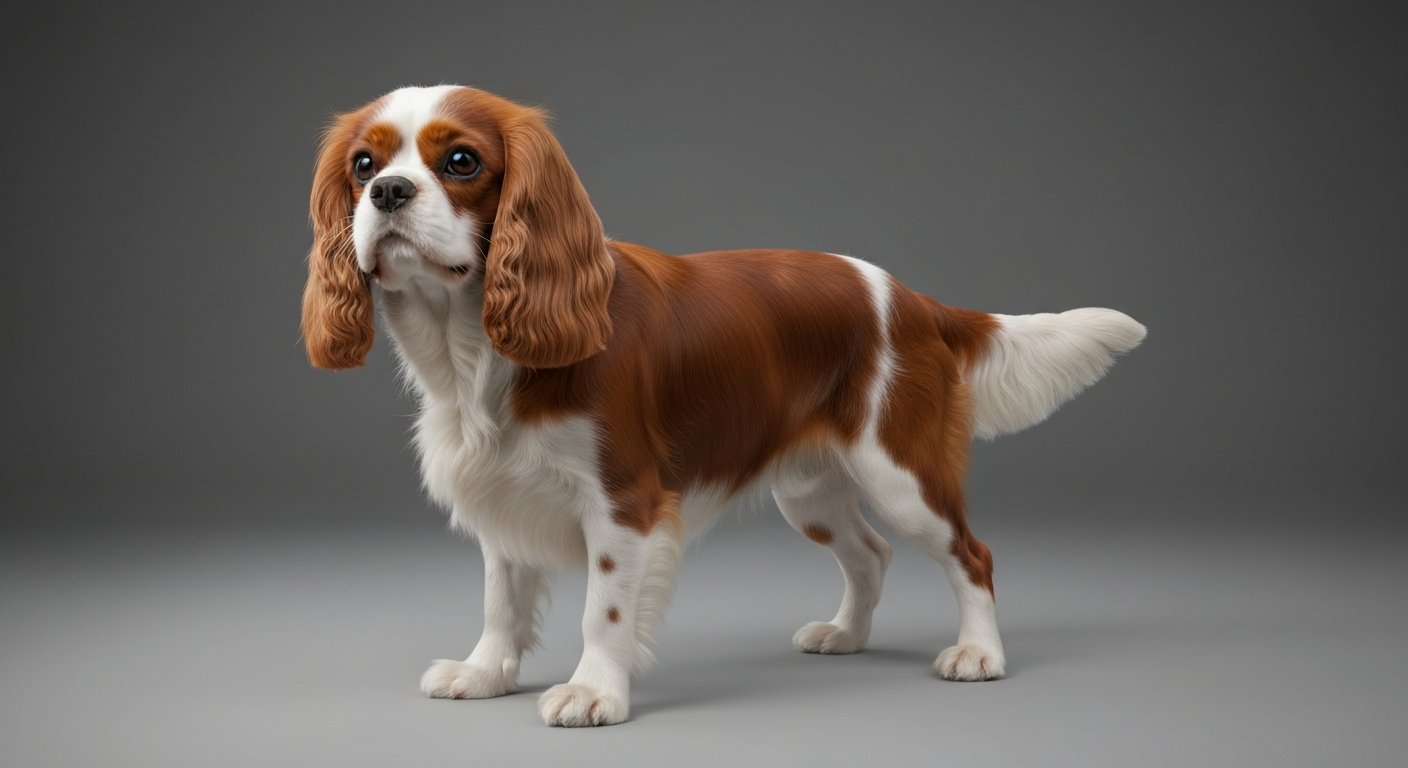 An adult Cavalier King Charles Spaniel dog standing proudly against a soft-grey background.