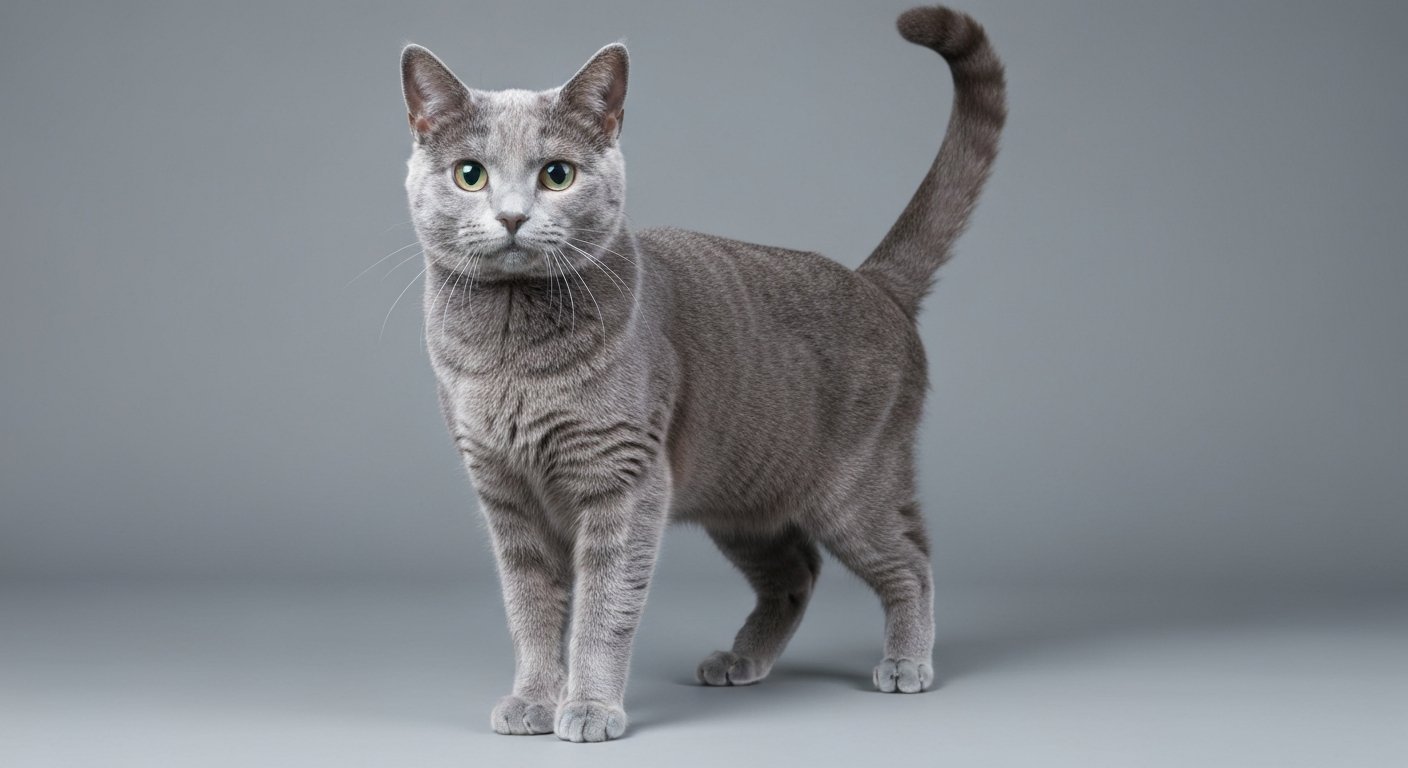 An adult Chartreux cat with blue-grey fur and golden eyes standing proudly against a soft-grey background.