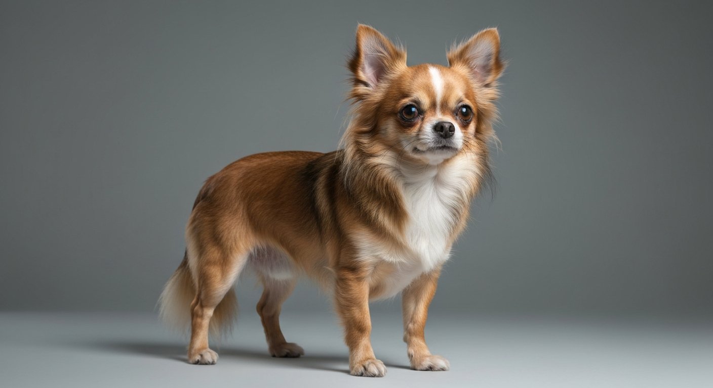 A highly realistic photo of an adult long-haired Chihuahua standing proudly.