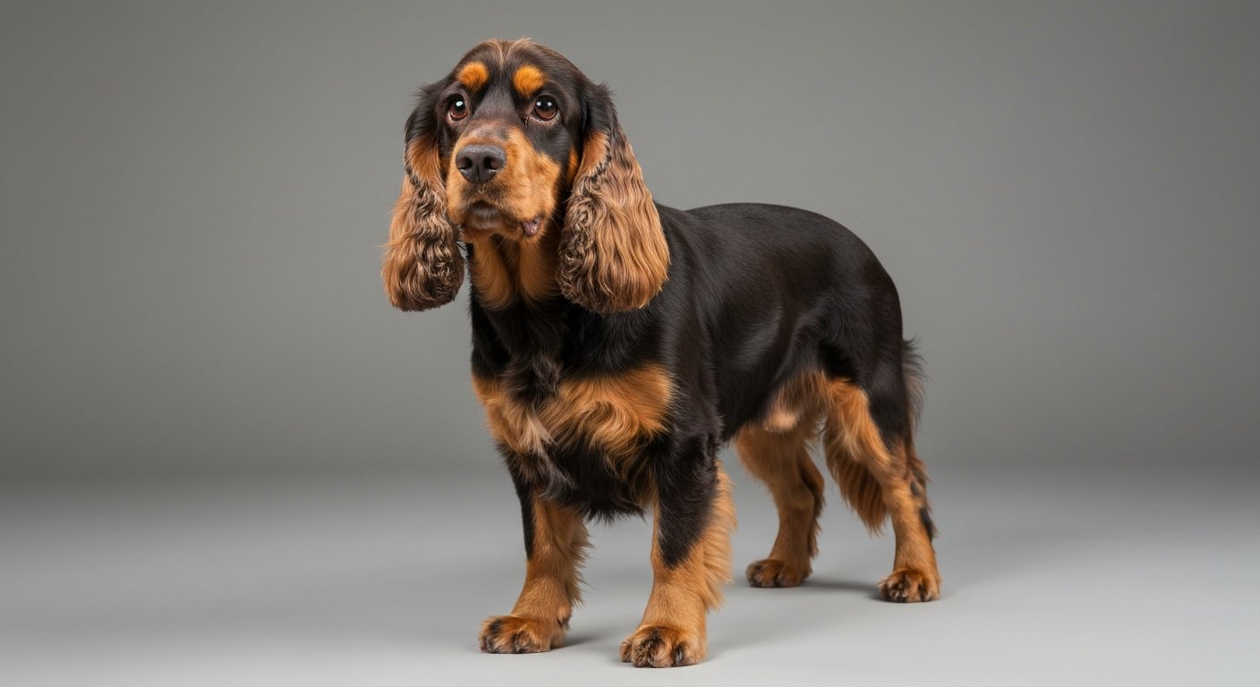 An adult Cocker Spaniel dog standing proudly against a soft-grey background.