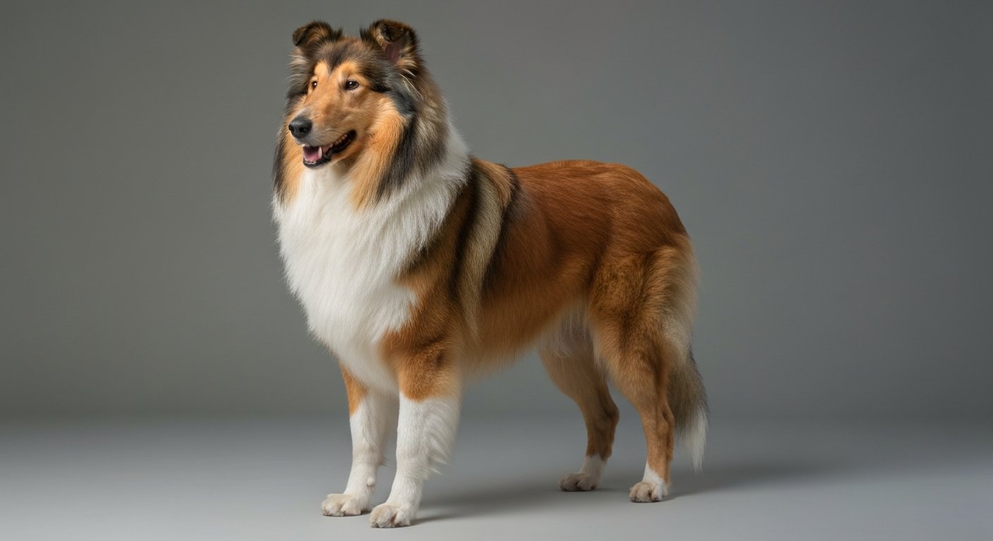 A highly detailed, photorealistic image of an adult Collie dog standing proudly in a studio with a soft-grey background.