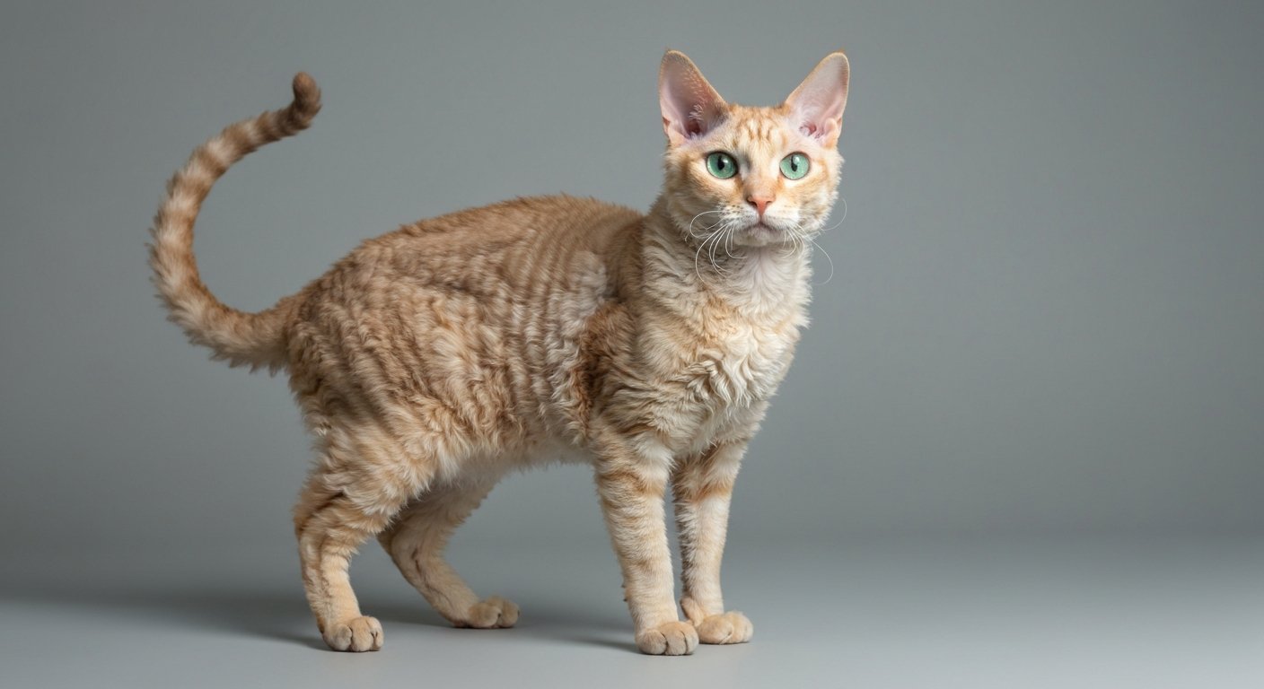 An adult Cornish Rex cat standing proudly, studio lighting, soft-grey background.