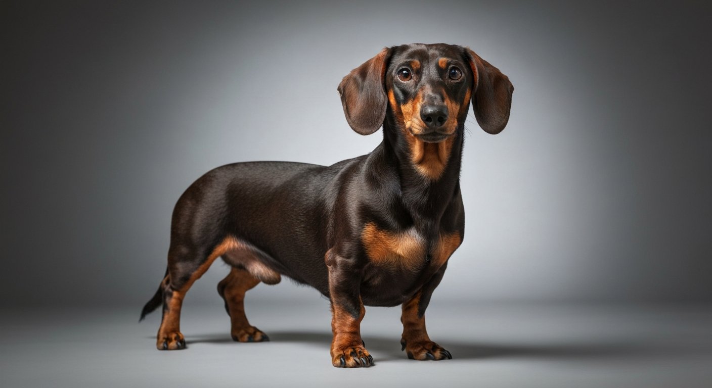 A proud adult Dachshund dog standing against a soft-grey studio background.