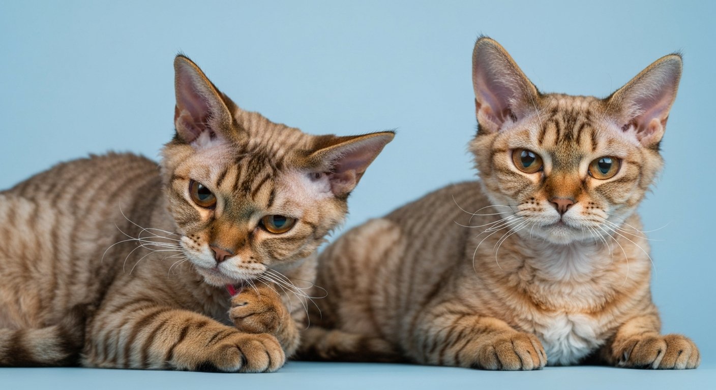 An adult Devon Rex cat with a wavy coat standing proudly in a studio against a soft-grey background.