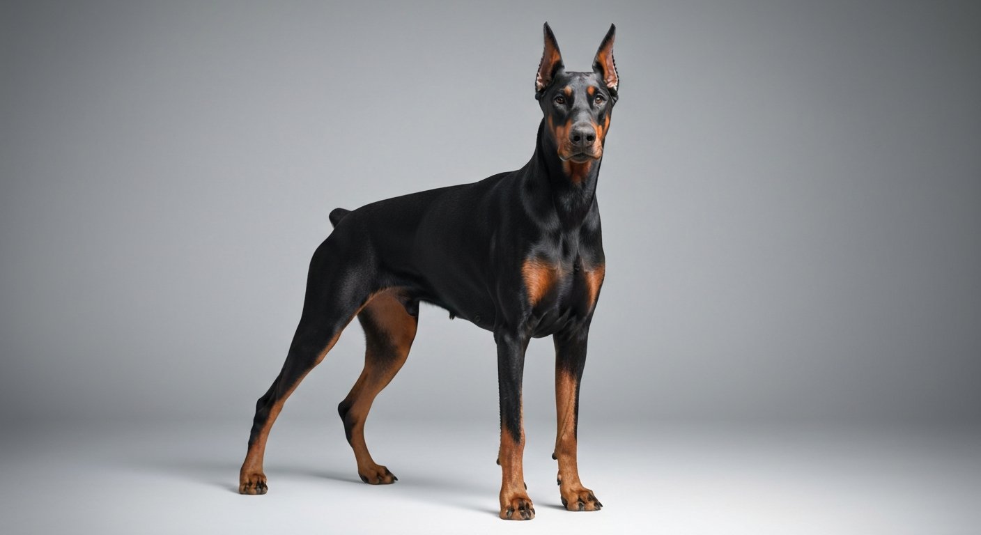 An elegant adult Doberman Pinscher standing proudly against a soft-grey studio background.