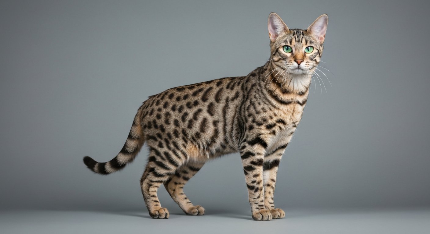 A majestic adult Egyptian Mau cat standing proudly.