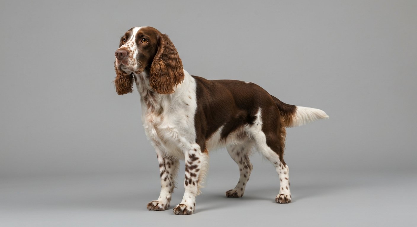 A majestic adult English Springer Spaniel dog standing proudly in a studio.