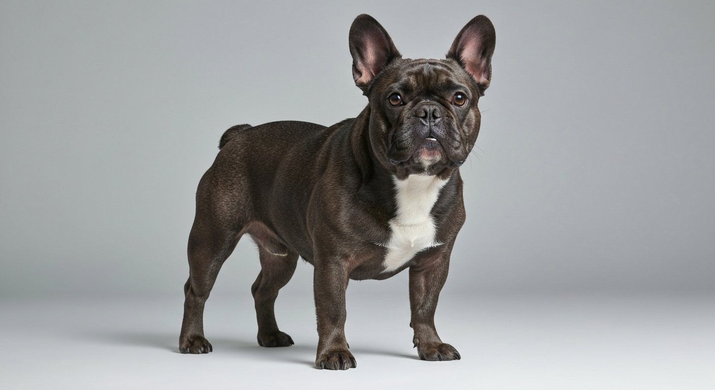 A majestic adult French Bulldog standing proudly in a studio with a soft-grey background.