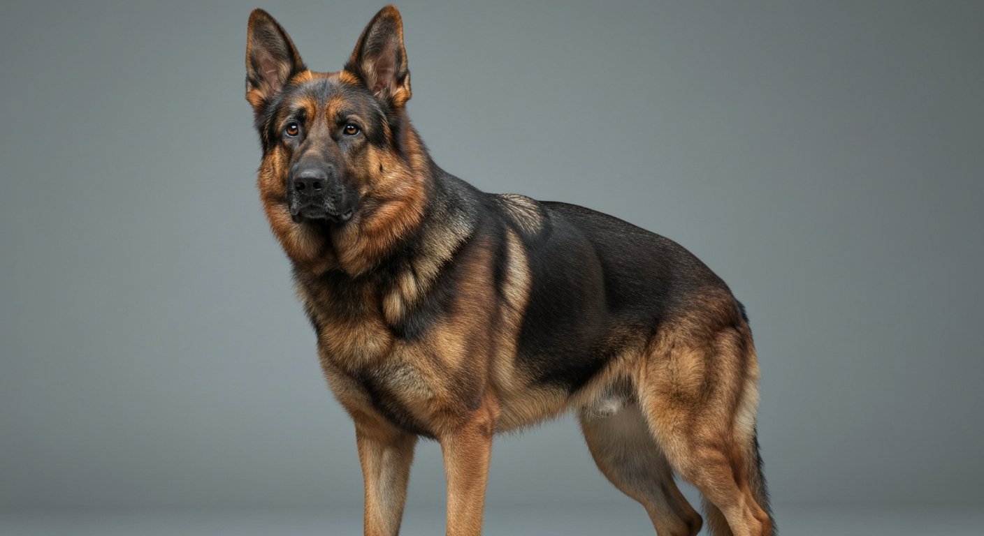 A majestic adult German Shepherd dog standing proudly in a studio.