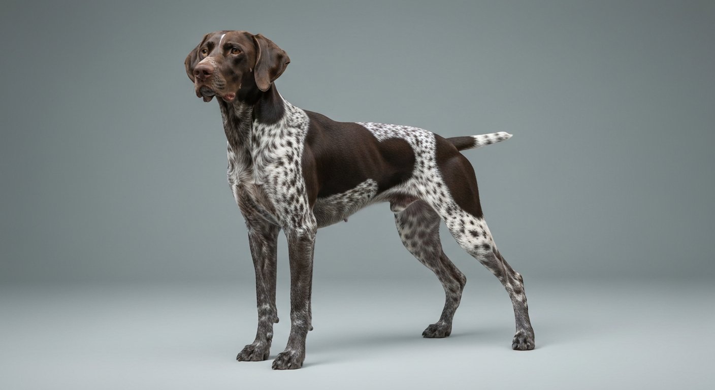 A majestic adult German Shorthaired Pointer dog standing proudly indoors against a grey background.