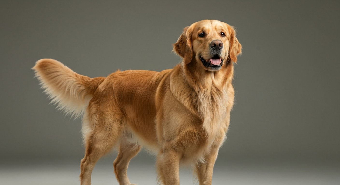 An adult Golden Retriever standing proudly with studio lighting against a soft-grey background.