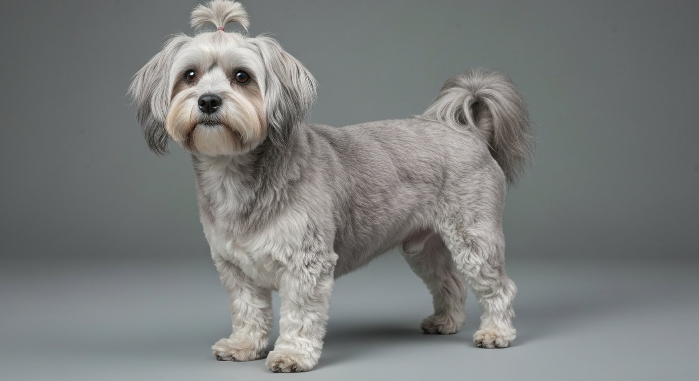 A highly realistic photo of an adult Havanese dog standing proudly in a studio with a soft-grey background.