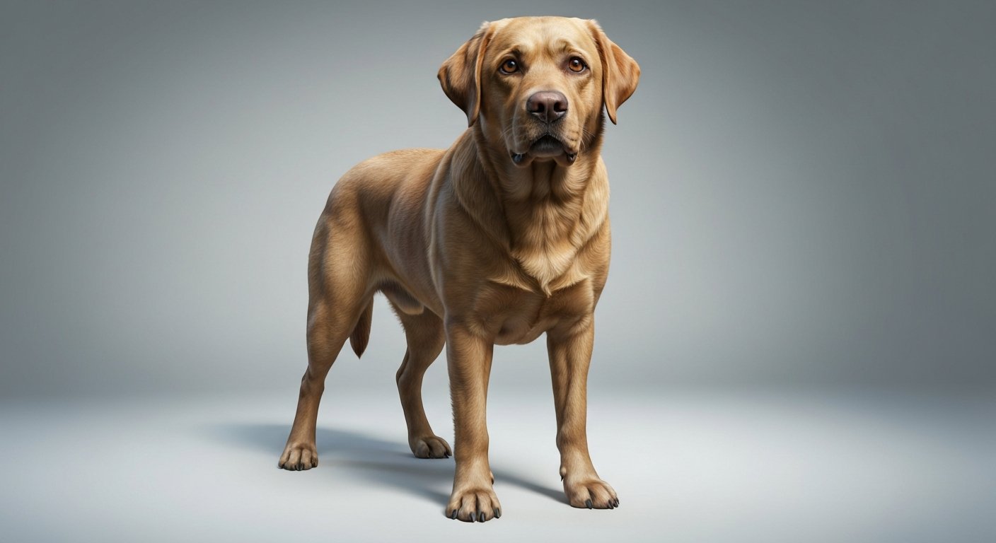 An adult Labrador Retriever dog standing proudly on a solid soft-grey background.