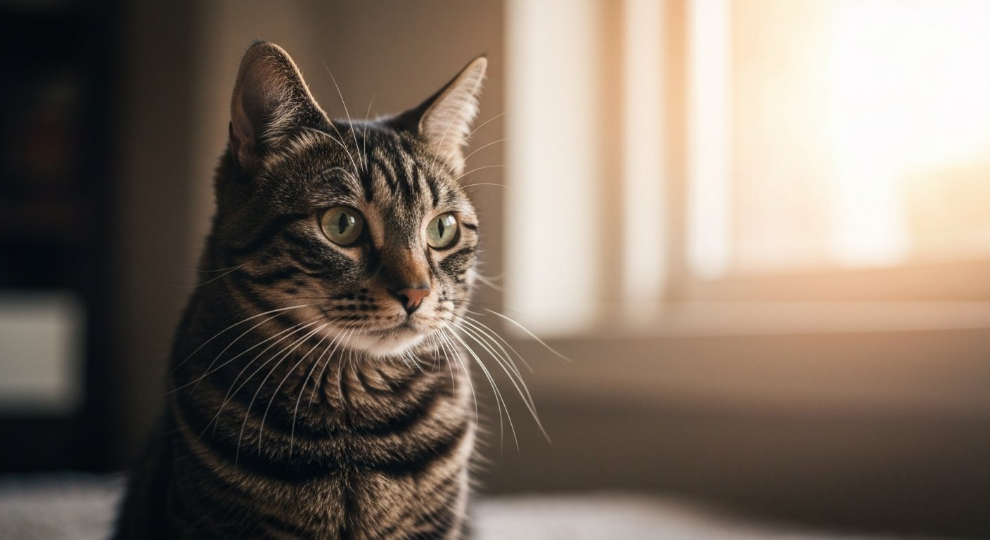 A proud adult Manx cat standing with an alert posture against a soft-grey studio background.