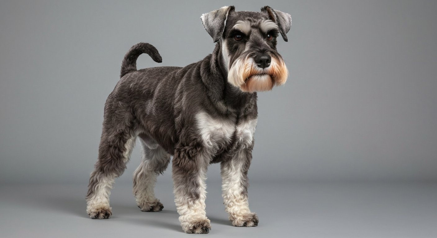 A highly realistic photo of an adult Miniature Schnauzer standing proudly in a studio with a soft-grey background.