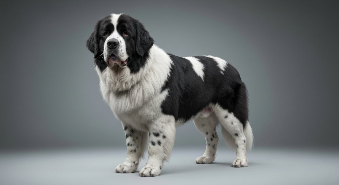 A majestic adult Newfoundland dog standing proudly in a studio with a soft-grey background.