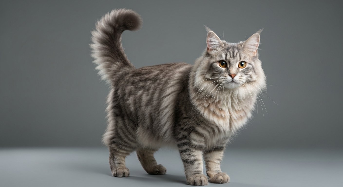 A majestic adult Norwegian Forest Cat standing proudly with a thick coat.