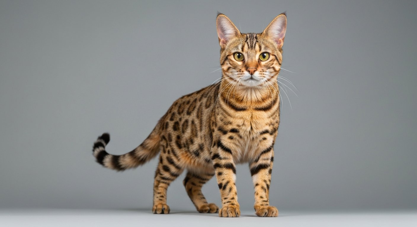 An adult Ocicat cat with a tawny spotted coat standing proudly against a soft-grey background.
