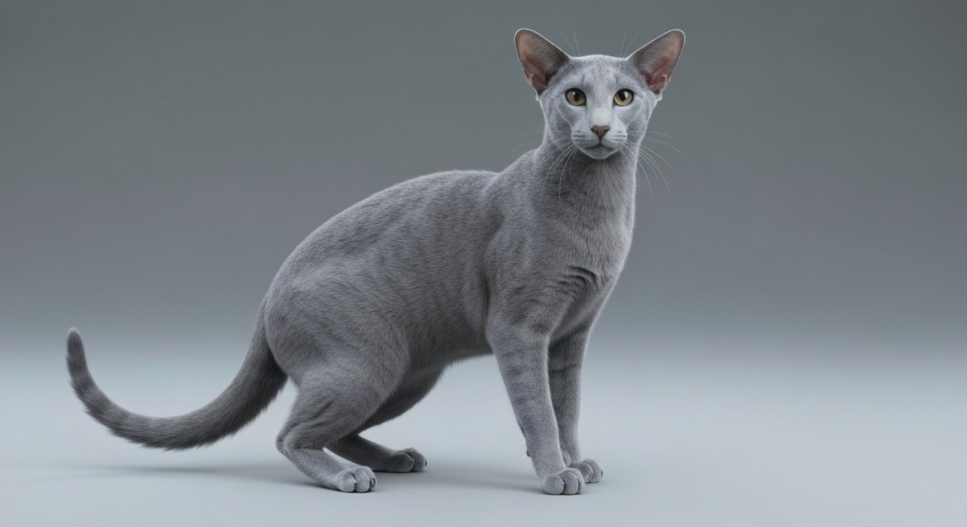 An adult Oriental Shorthair cat standing proudly with studio lighting against a solid soft-grey background.