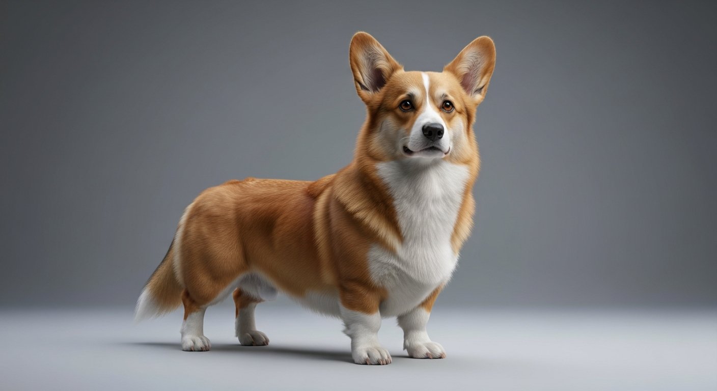 An adult Pembroke Welsh Corgi standing proudly in a studio with a soft-grey background.