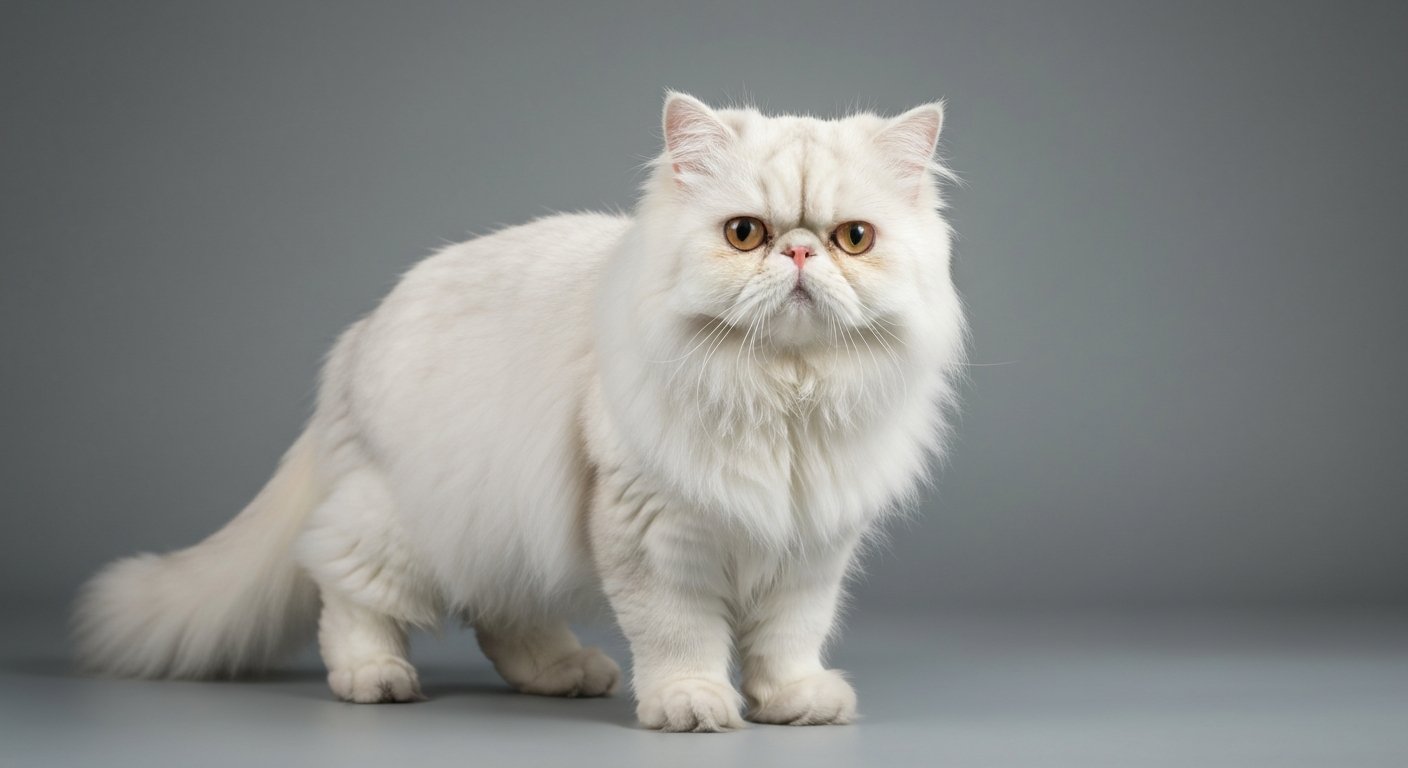 A majestic adult Persian cat standing proudly in a studio with a soft-grey background.