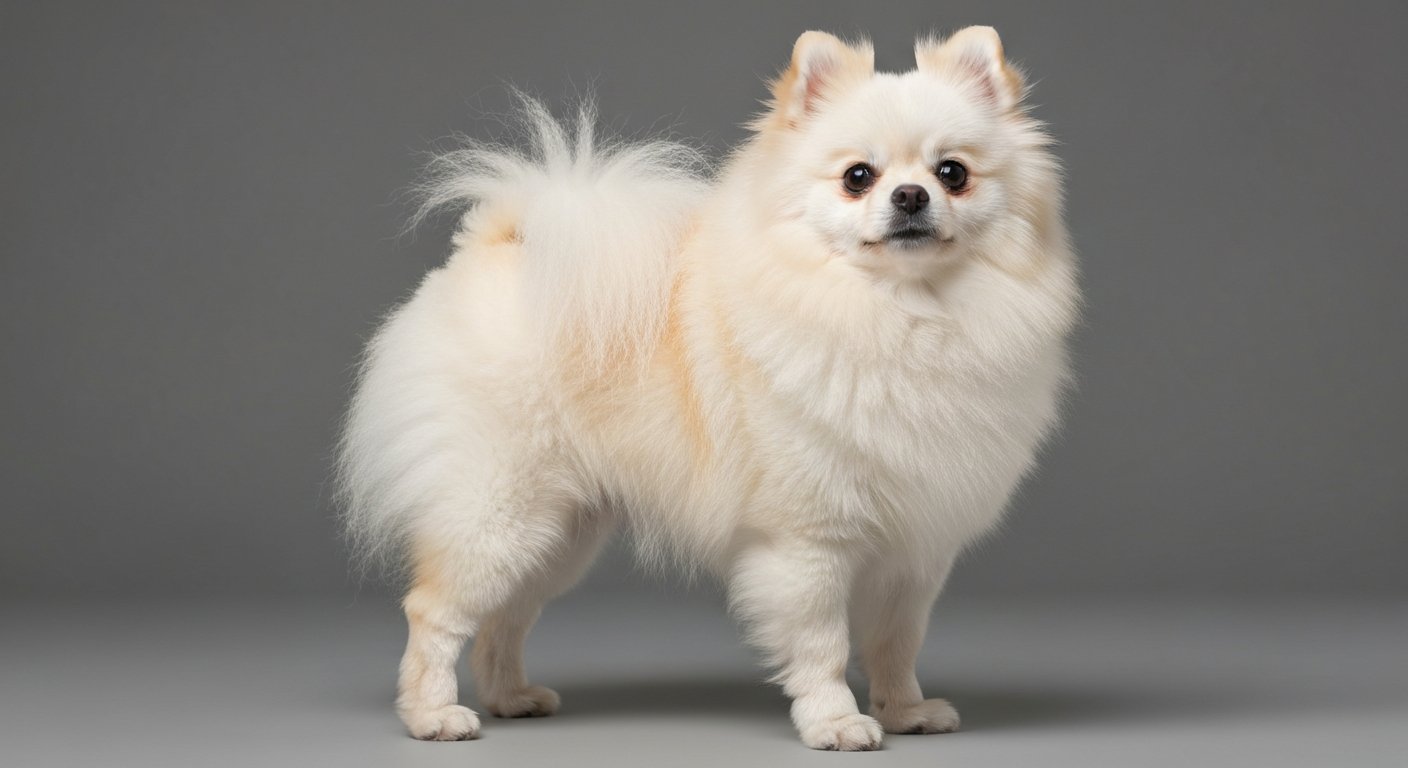 A highly realistic photo of an adult Pomeranian dog standing proudly against a soft-grey studio background.
