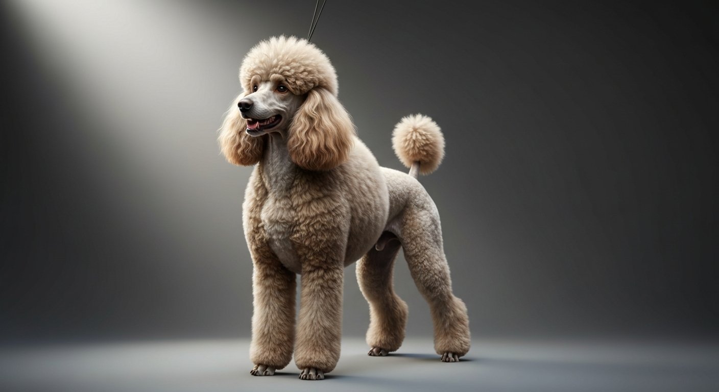A majestic adult Standard Poodle dog standing proudly in a studio.