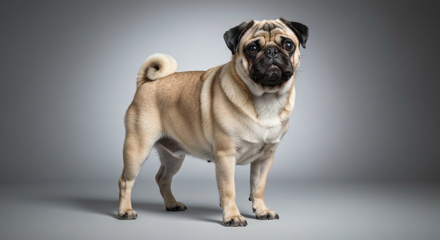 A majestic adult Pug dog standing proudly in a studio against a soft-grey background.
