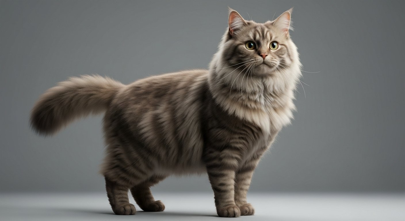 An adult Ragamuffin cat standing proudly in a studio with a soft-grey background.