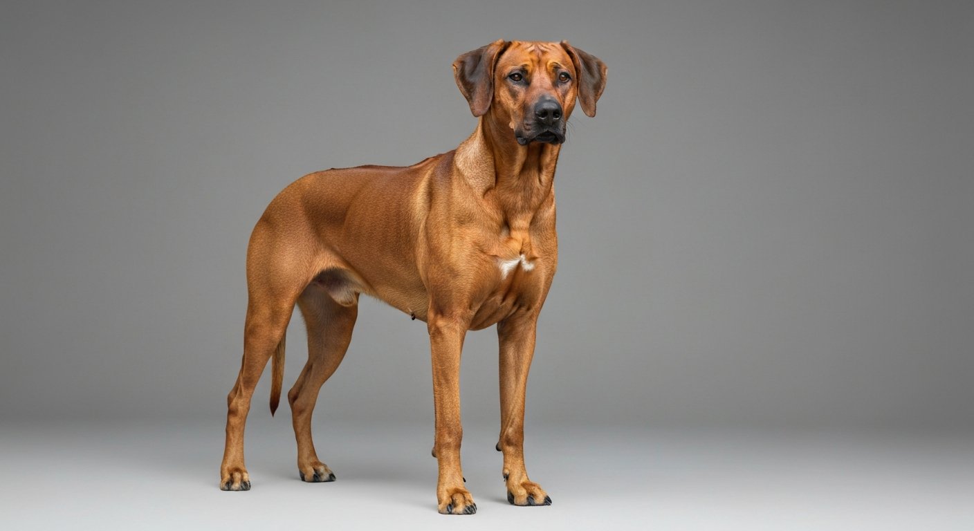 An adult Rhodesian Ridgeback dog standing proudly in a studio with a soft-grey background.
