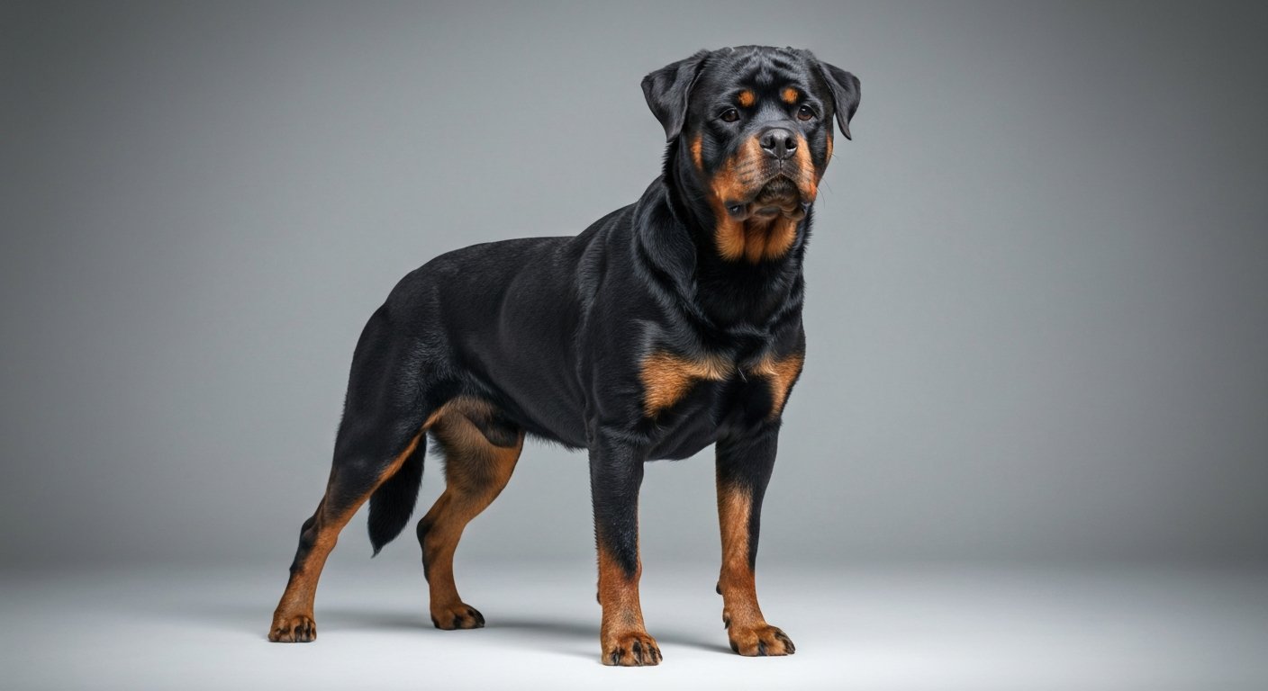 An adult Rottweiler dog standing proudly in a studio with a soft-grey background.