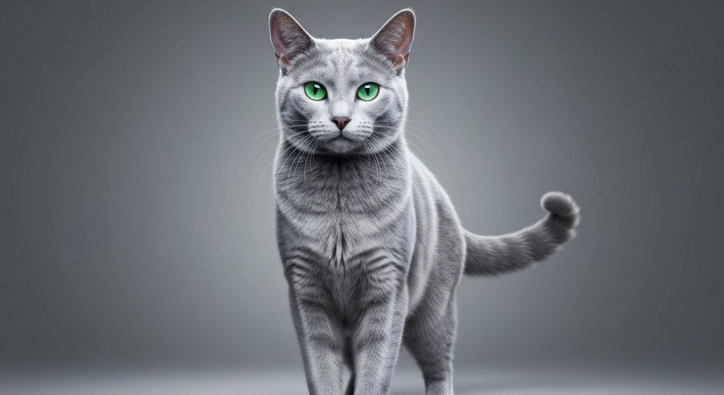 A majestic adult Russian Blue cat standing proudly.