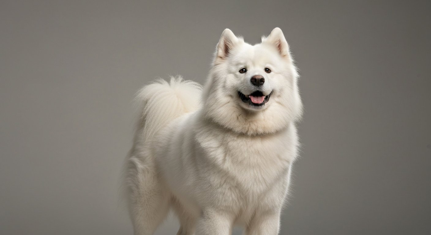 A majestic adult Samoyed dog standing proudly in a studio with a soft-grey background.