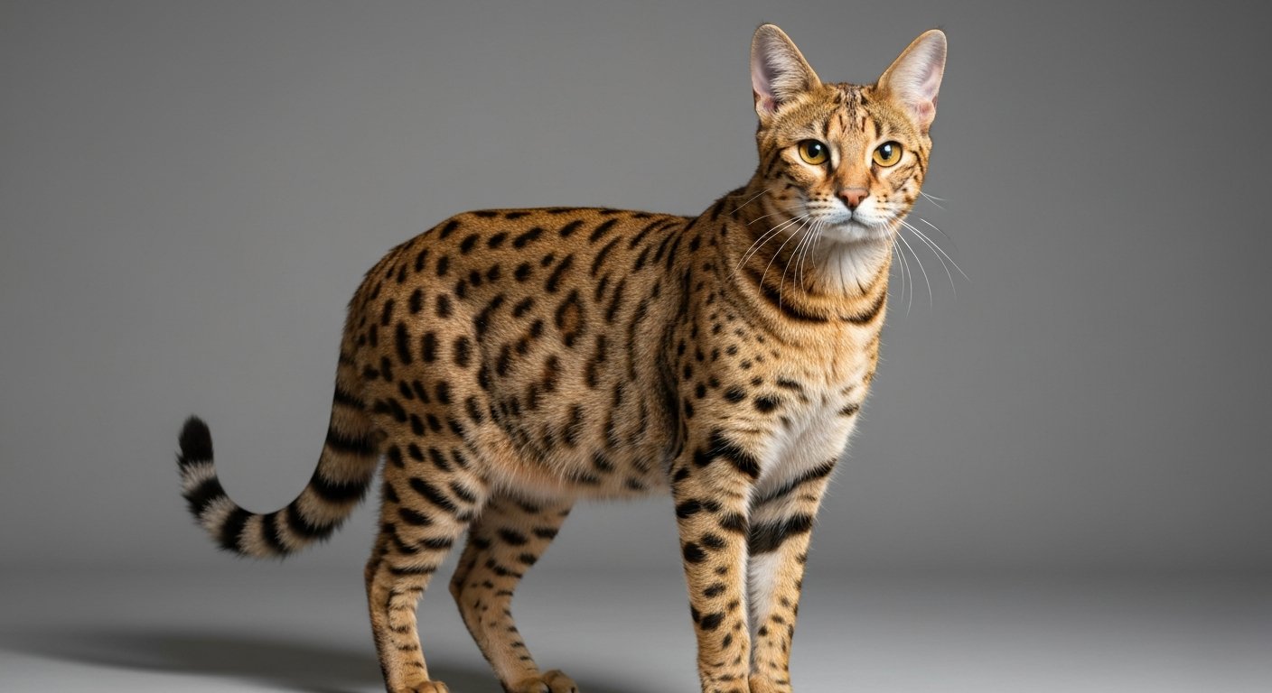 A highly realistic photo of an adult Savannah cat standing proudly against a soft-grey studio background.