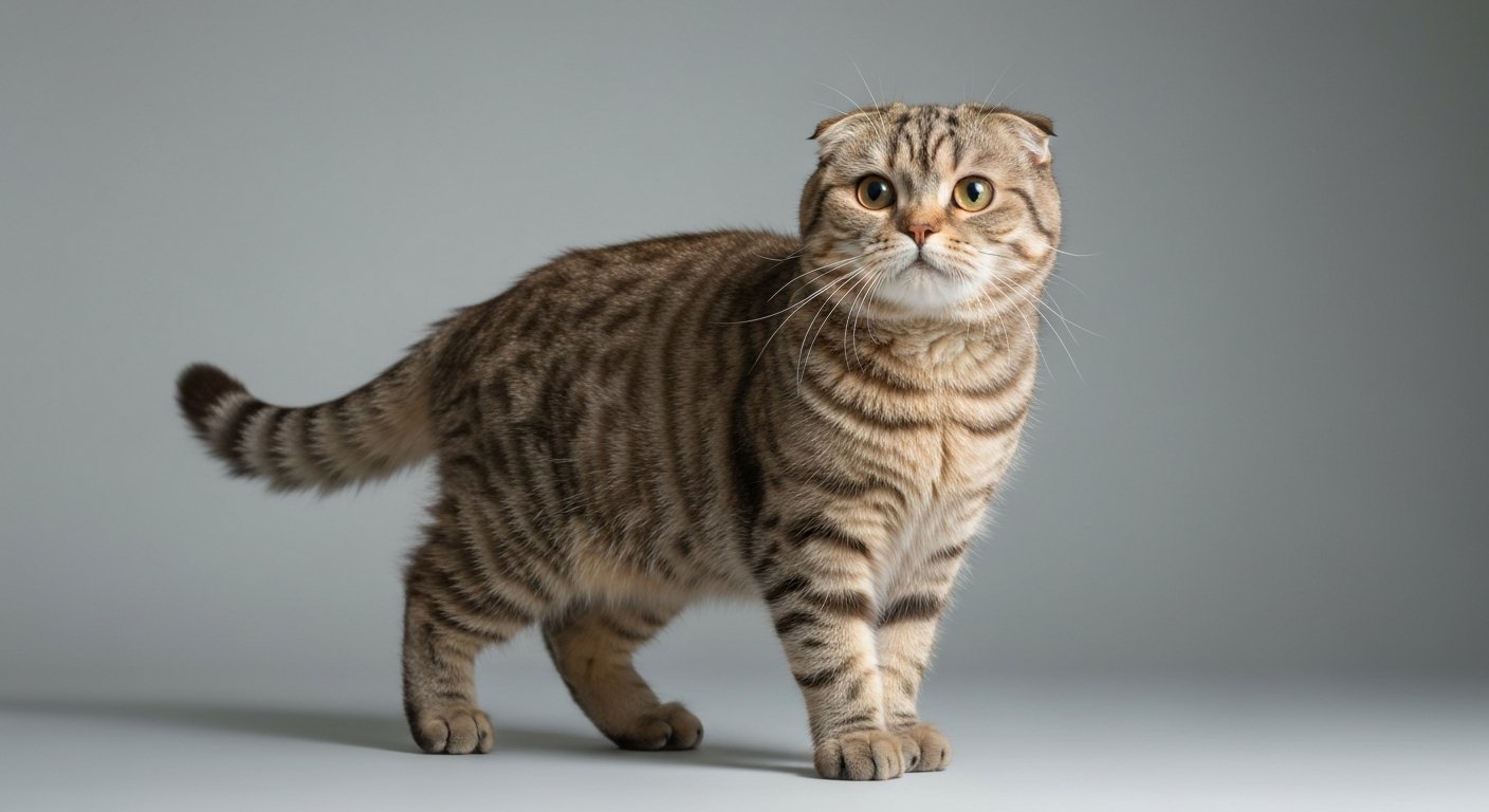An adult Scottish Fold cat with folded ears standing proudly against a soft-grey background.